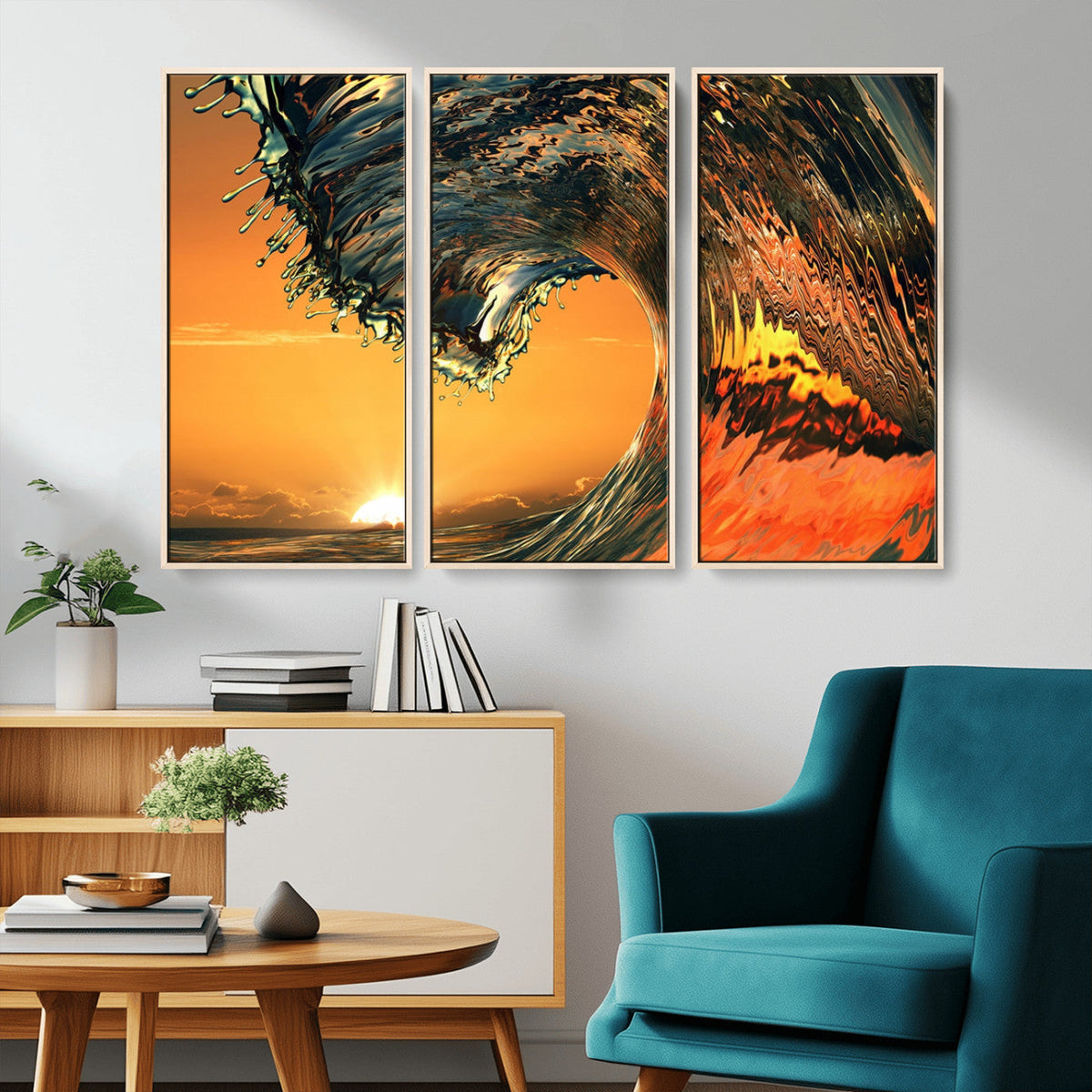 Surf Wave Sunset Canvas Wall Art Print, 3-Panel Ocean