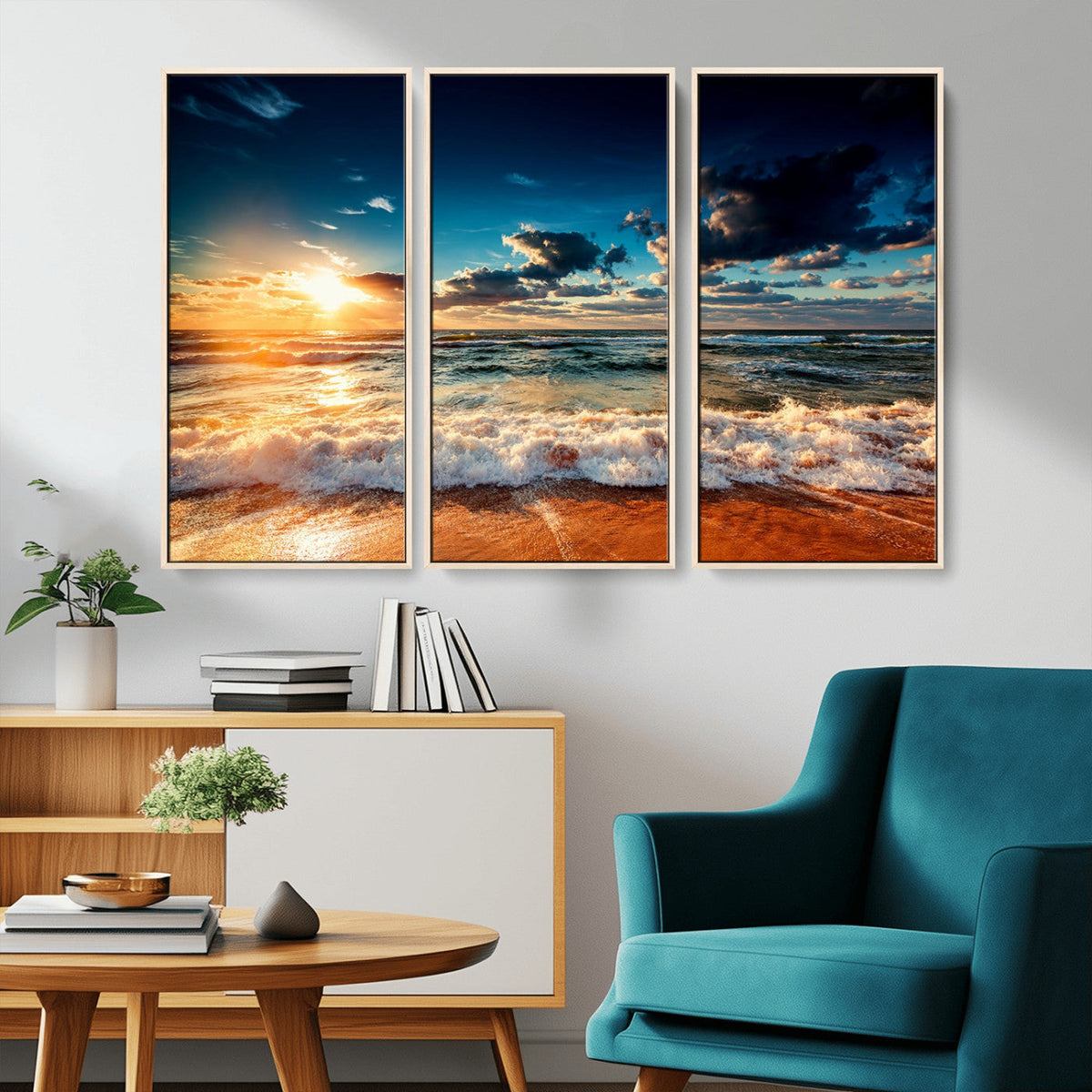 Golden Hour Sunset Over Ocean Waves Wall Art Canvas Print |