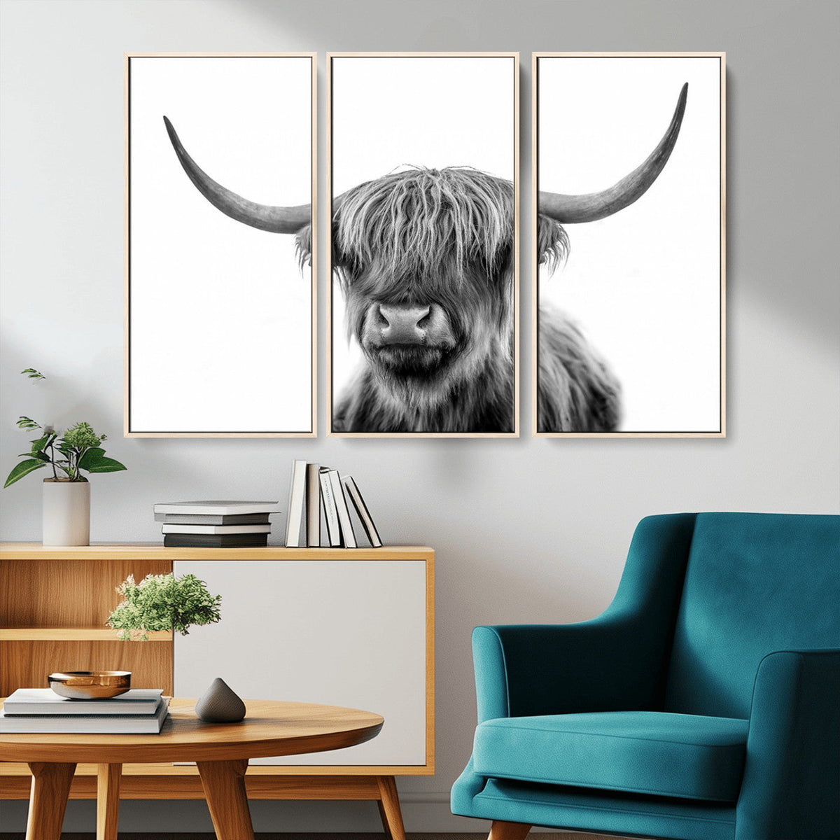 Grayscale Scottish Highland Cow Cattle Art Print Farmhouse
