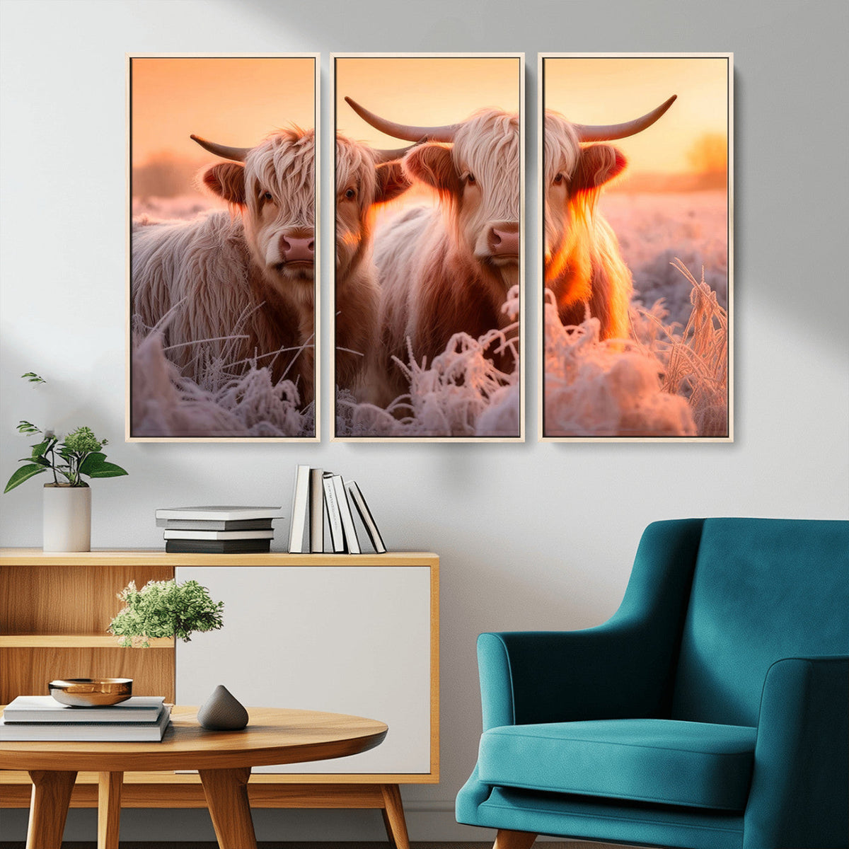 Highland Cows at Sunrise Wall Art Canvas Set – Serene and
