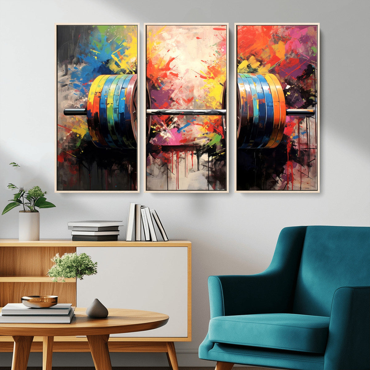 Weightlifting Barbell Art Triptych, Bold Abstract Fitness