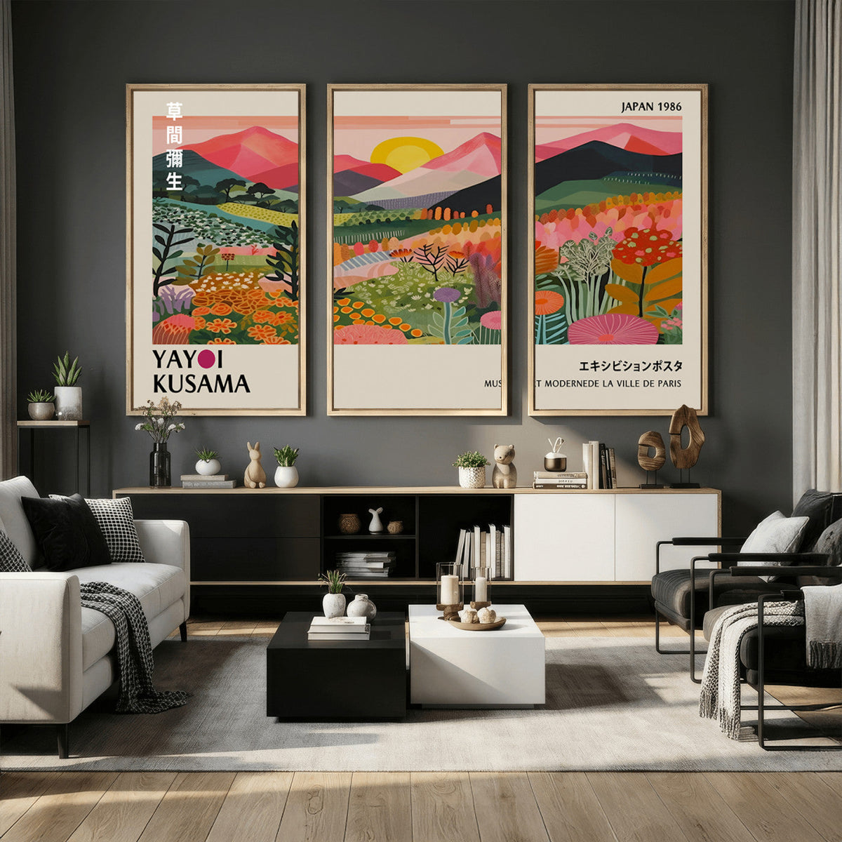 Yayoi Kusama Landscape Canvas Print, Vibrant Floral Mountain Art Print, Framed Botanical Wall Art -