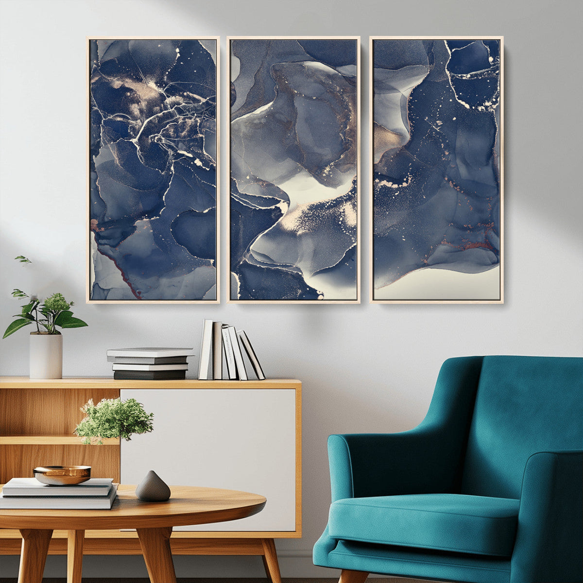 Large Abstract Blue and Gold Canvas Wall Art Fluid Ink