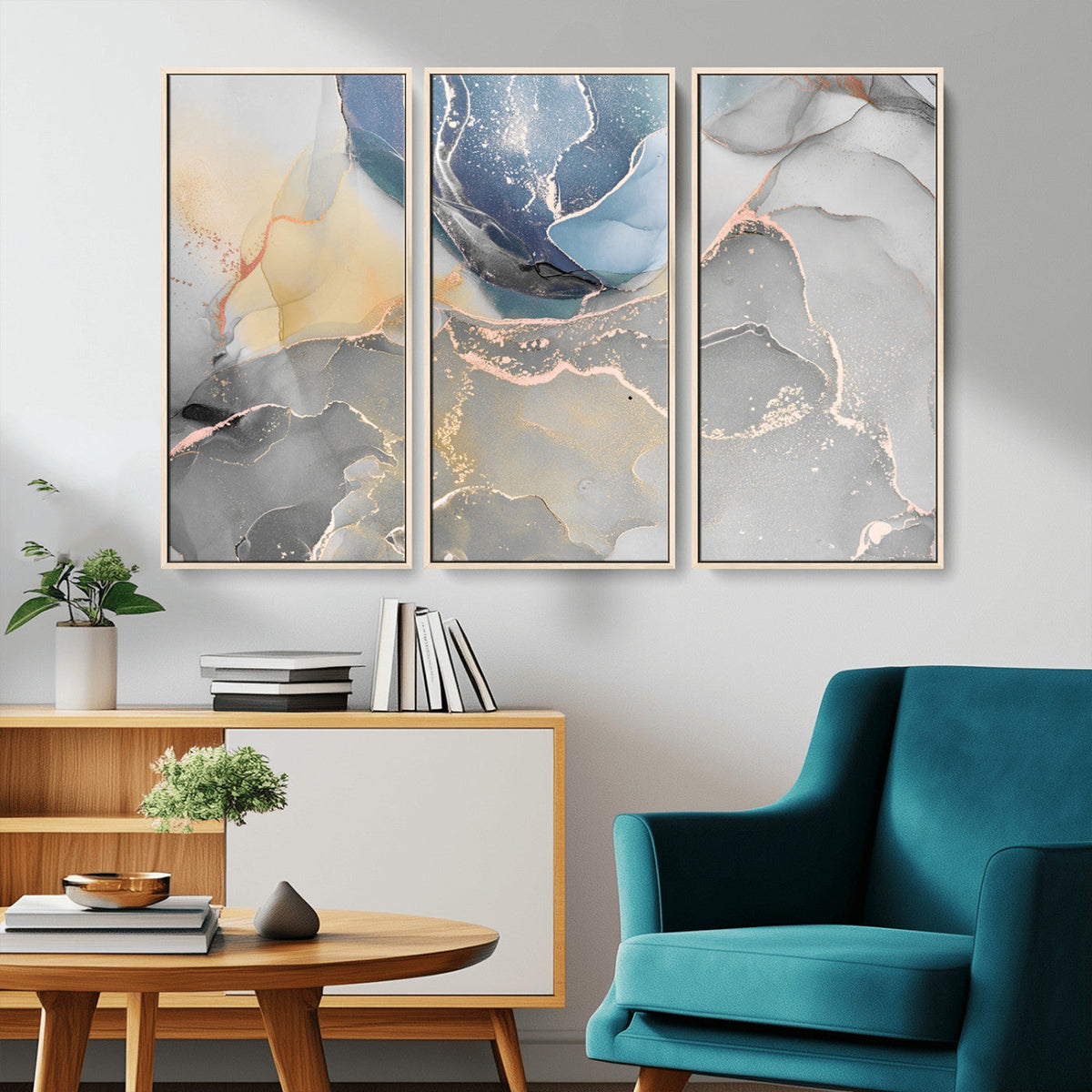 Large Abstract Blue and Gold Canvas Wall Art | Fluid Ink