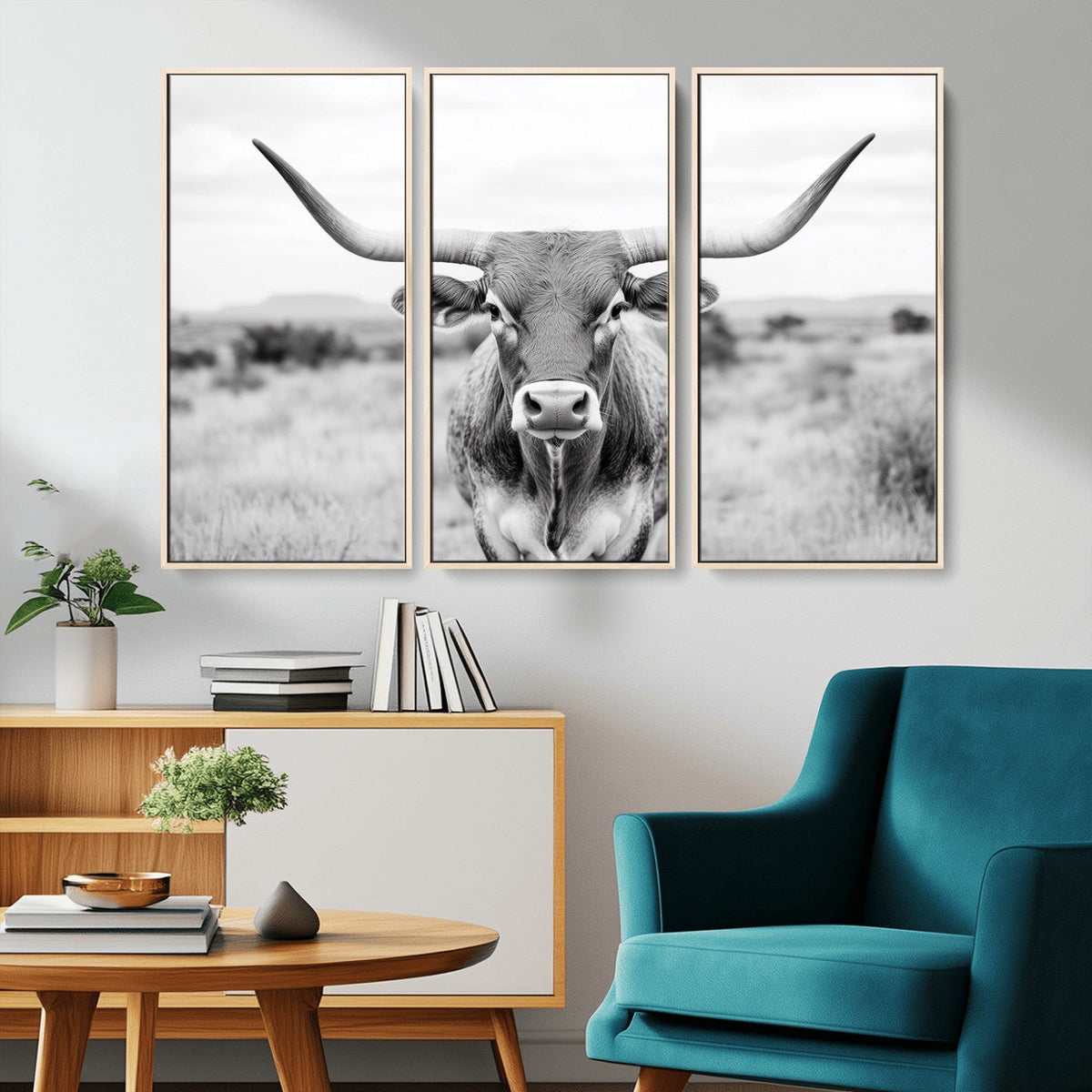 Highland Cow Wall Art Canvas Print – Black and White Western