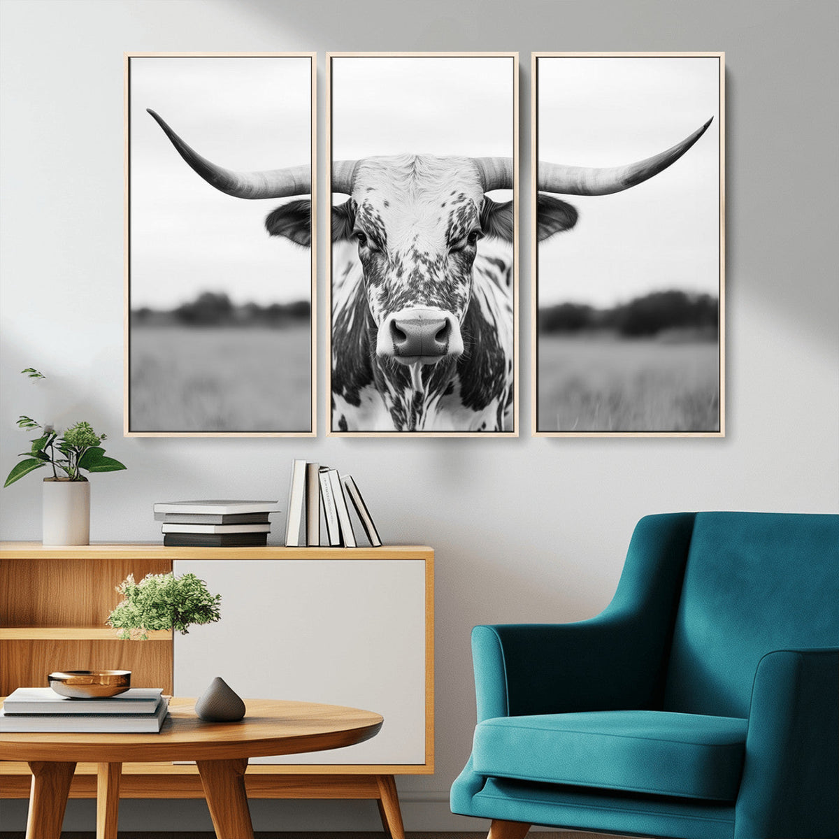 Highland Cow Wall Art Canvas Print – Black and White Western
