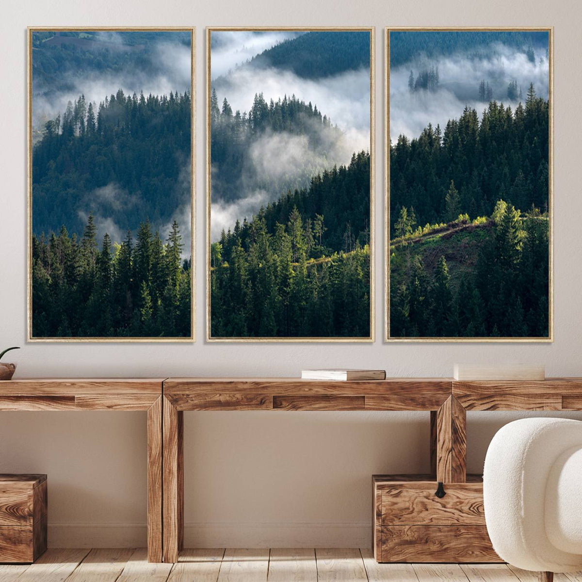 Misty Forest Wall Art Canvas Print – Pine Hills Foggy Trees