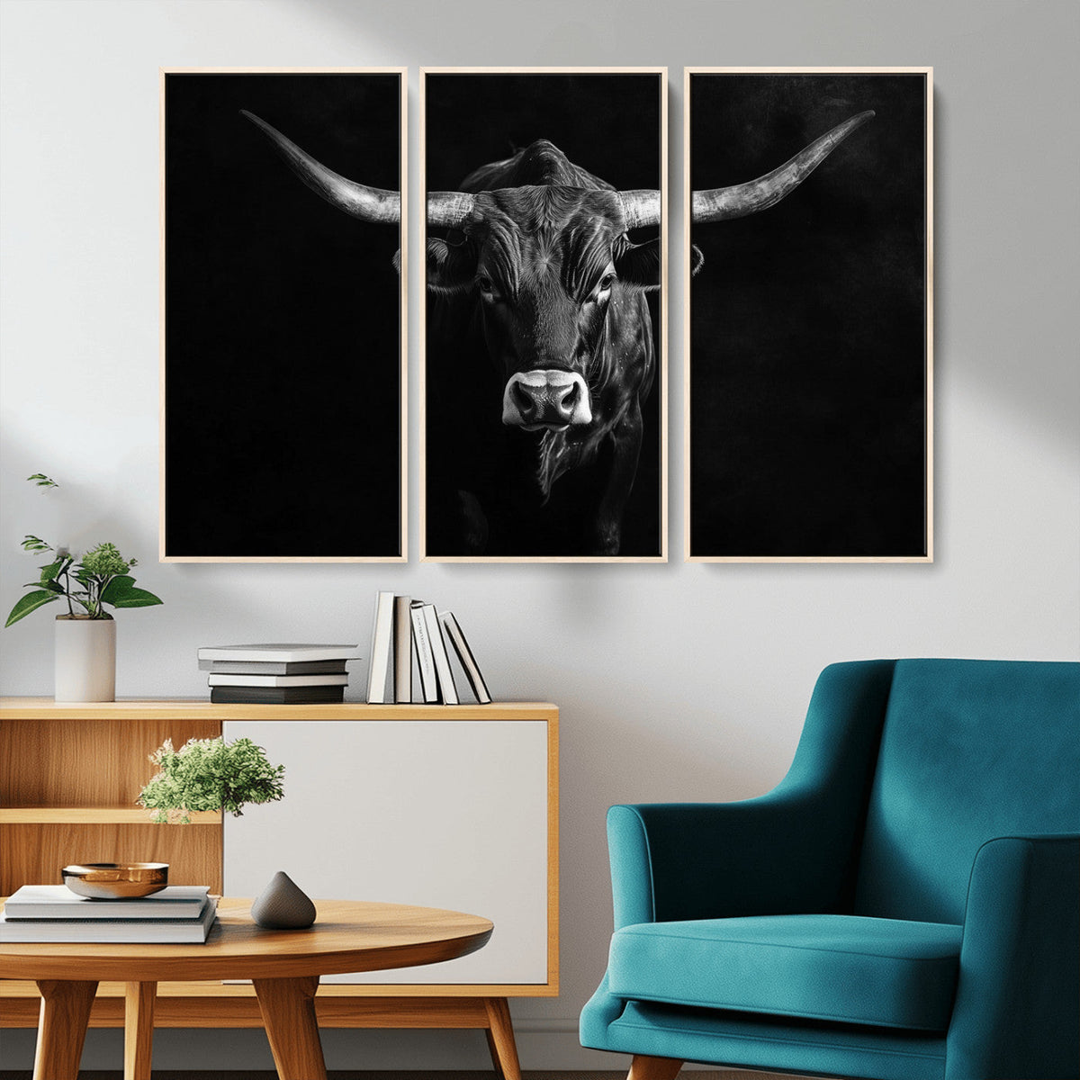 Texas Longhorn Wall Art Canvas Print – Framed Monochrome