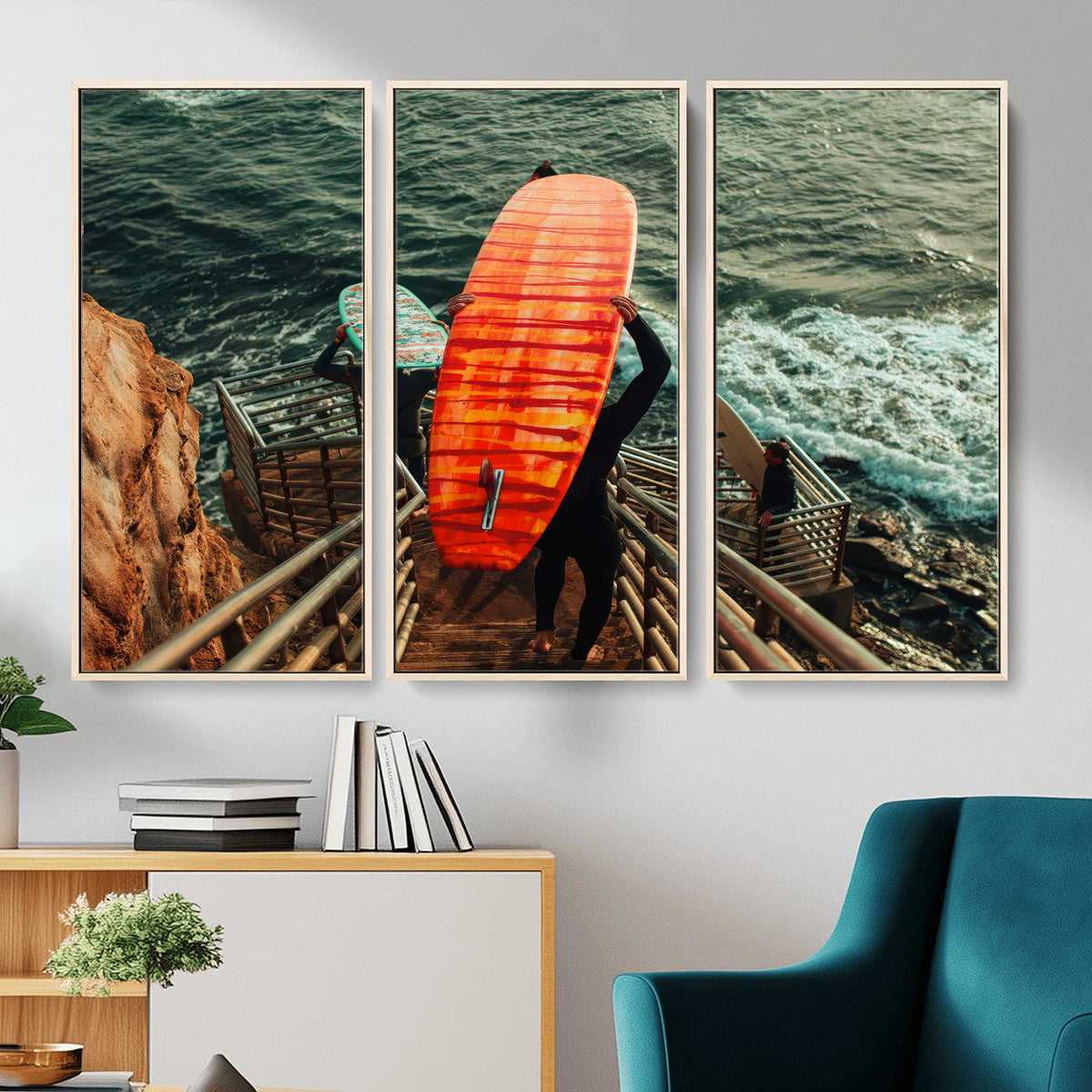 Surfer Stairway Wall Art – Framed Ocean Surf Canvas Artwork,