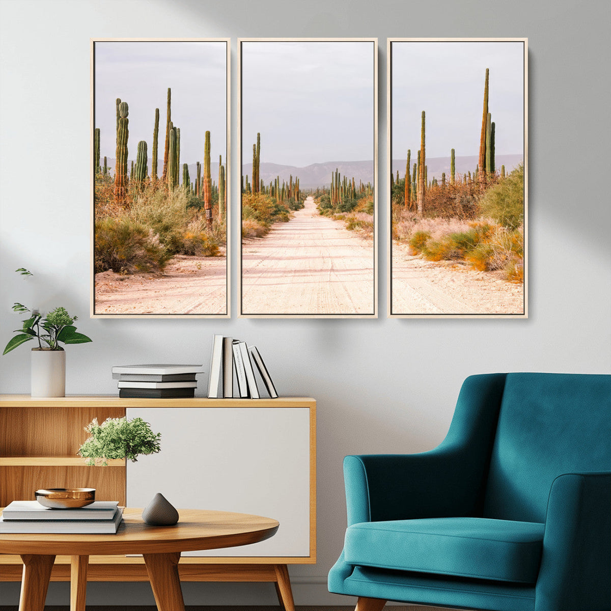 Desert Cactus Lined Road Wall Art Canvas Print – Framed