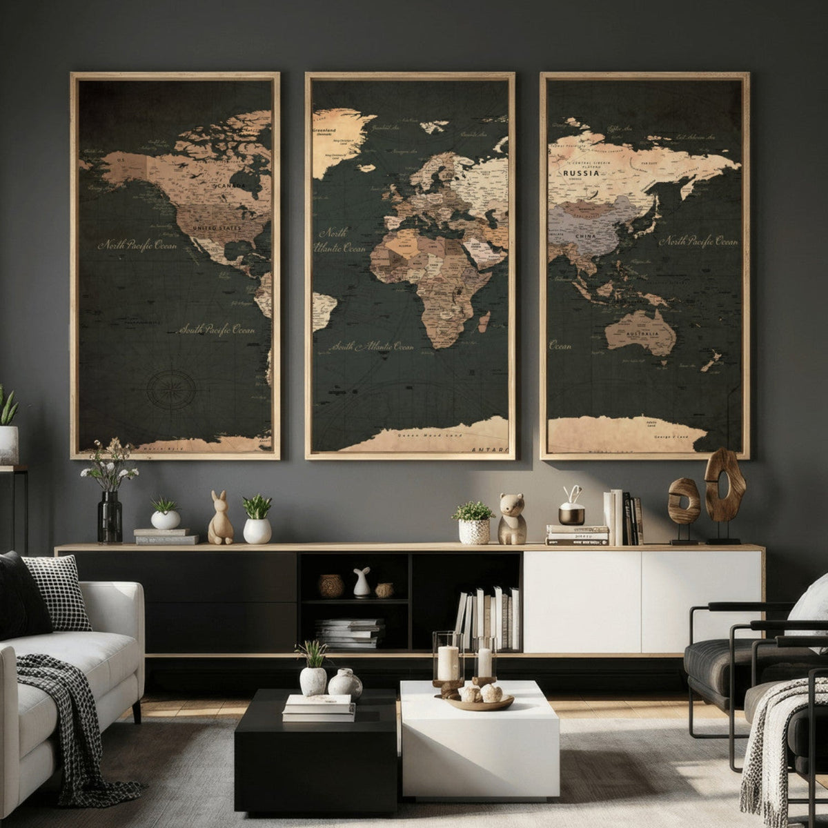 Vintage World Map Canvas Wall Art – Framed Travel Map for
