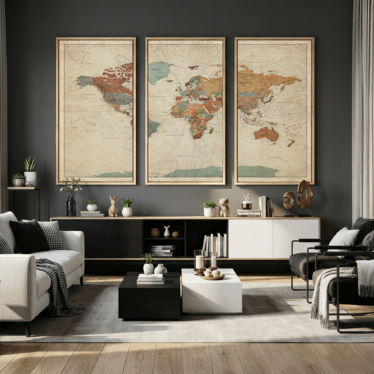 Vintage World Map Canvas Wall Art Print – Framed Modern