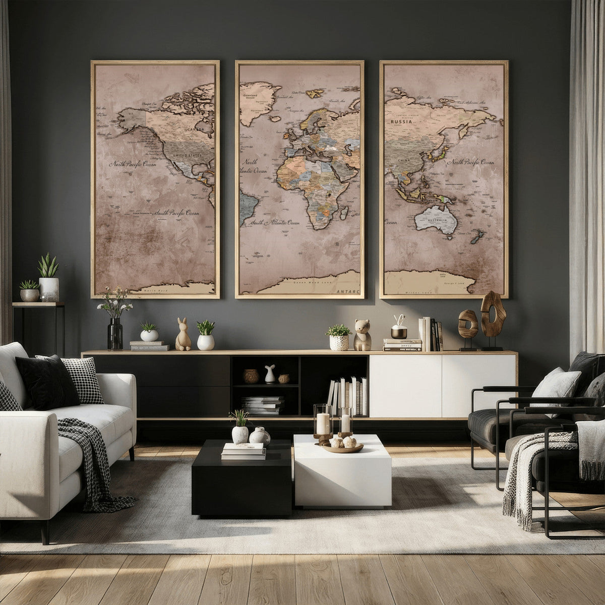 Grunge World Map Canvas Wall Art - Vintage Aged World Map