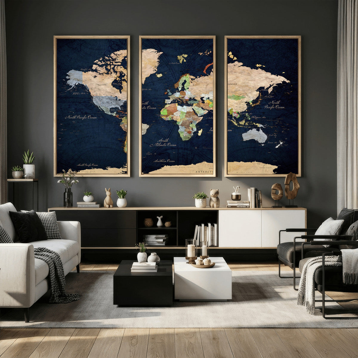 Minimalist World Map Canvas Wall Art - Watercolor Blue and