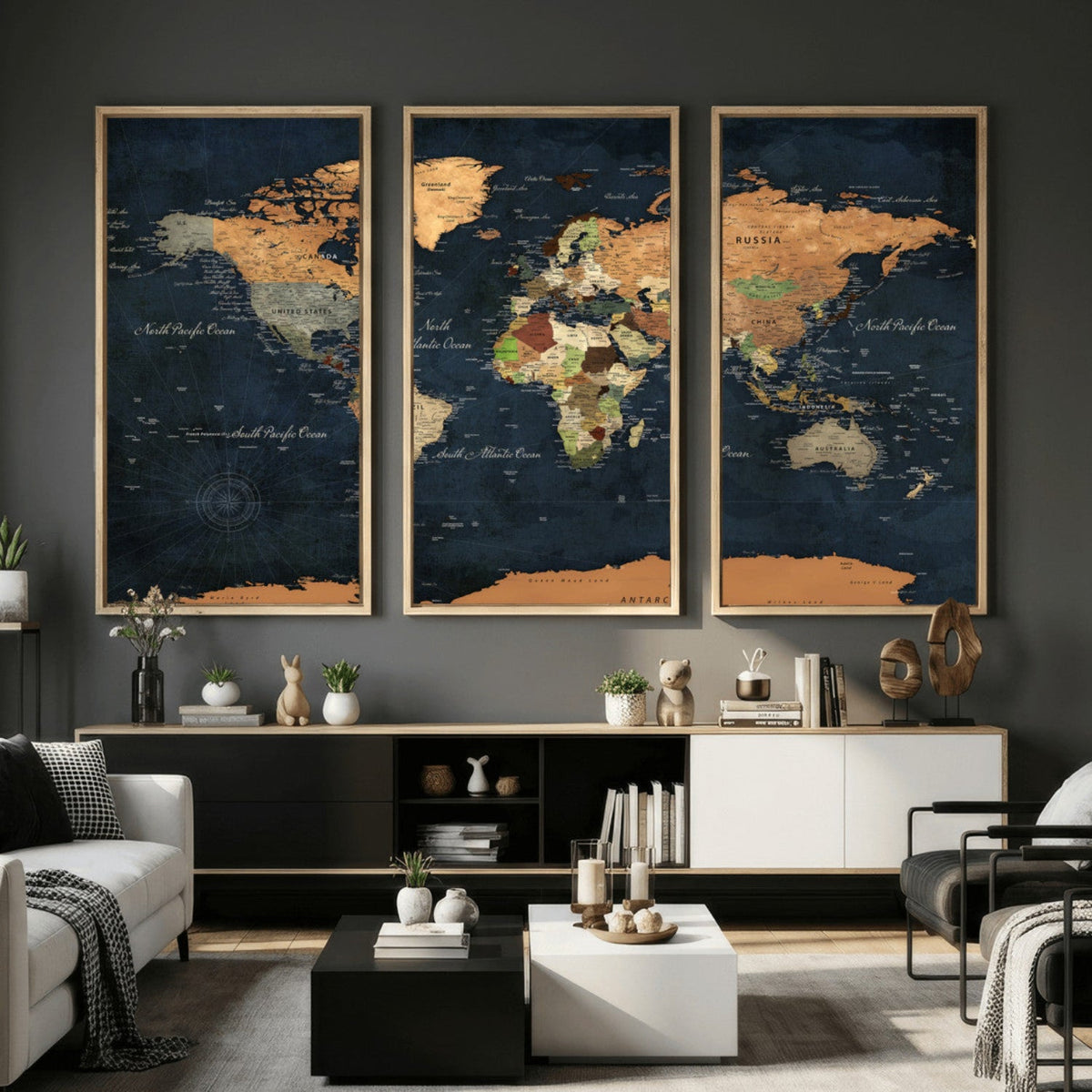 Vintage World Map Canvas Wall Art – Detailed Map with