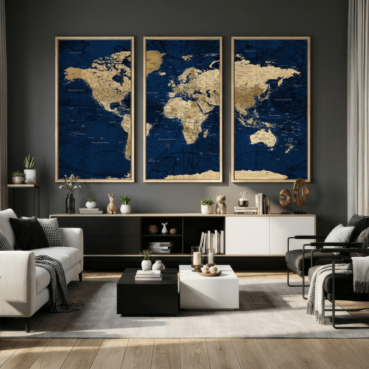 Navy Blue World Map Canvas Print – Detailed Map Minimal Navy
