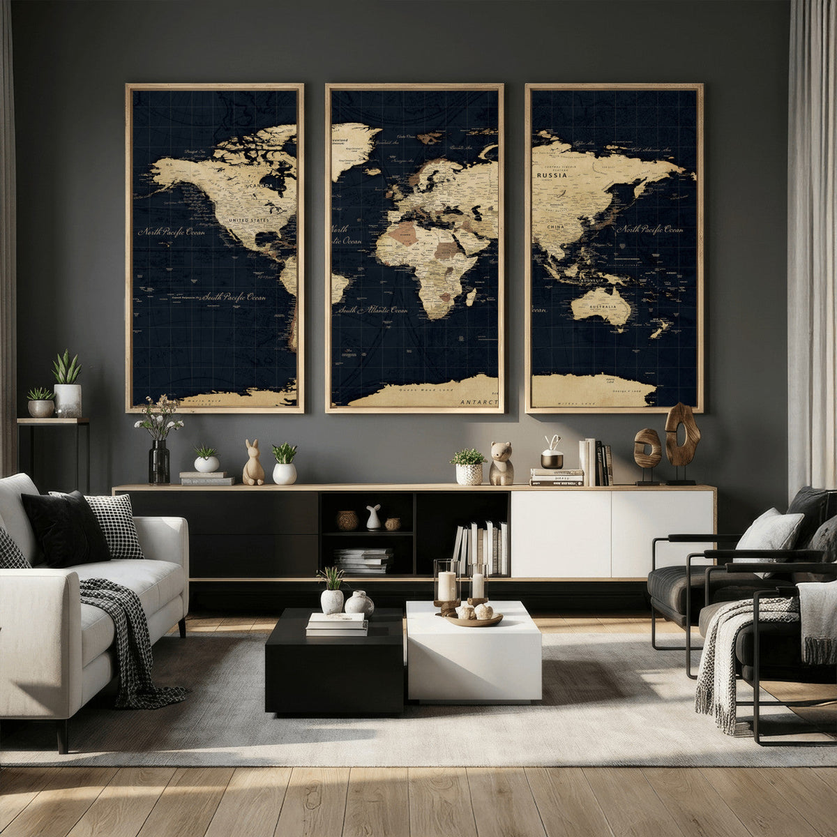 Dark World Map Canvas Wall Art Print, Minimal Black and Gold