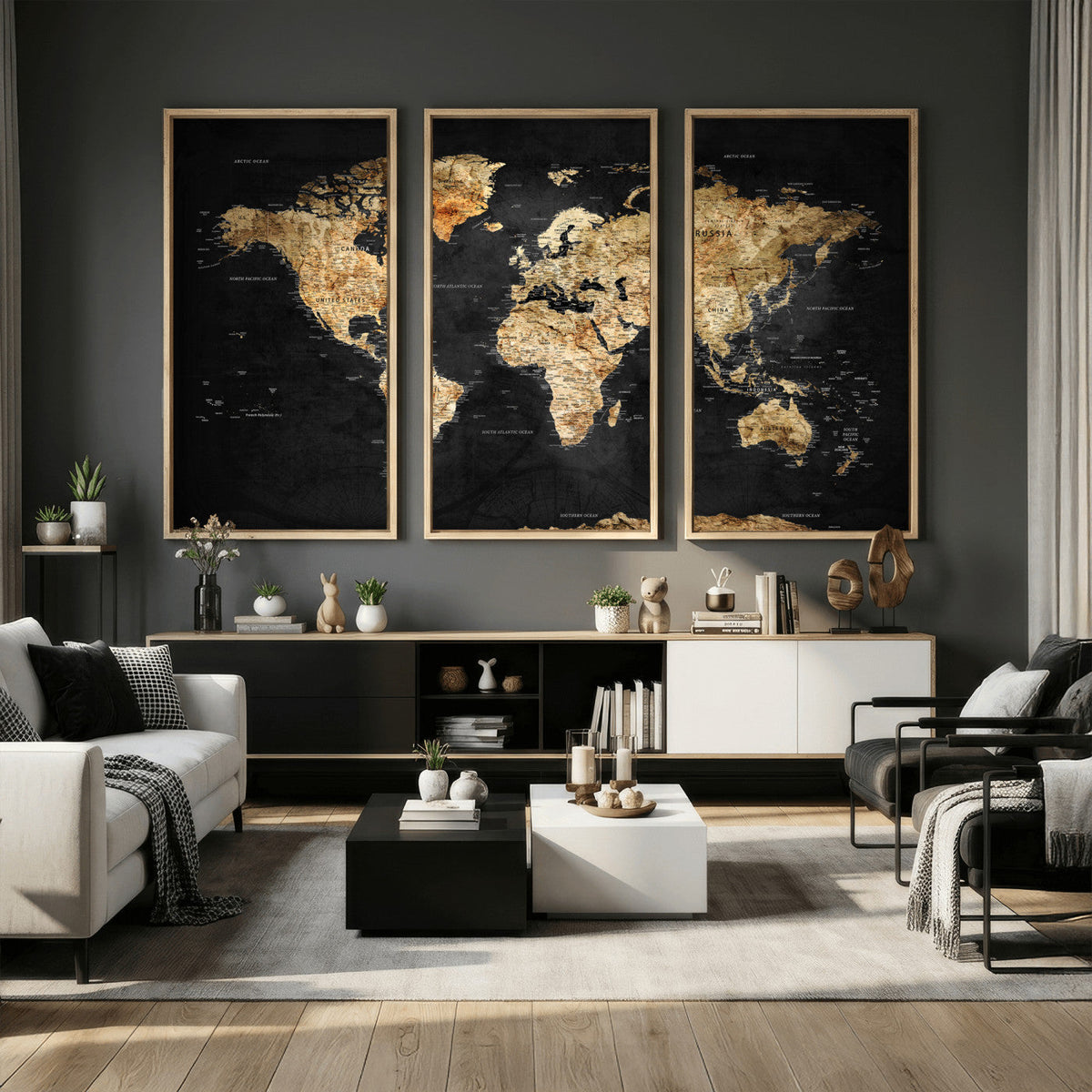World Map Canvas Wall Art with Famous Landmarks – Framed