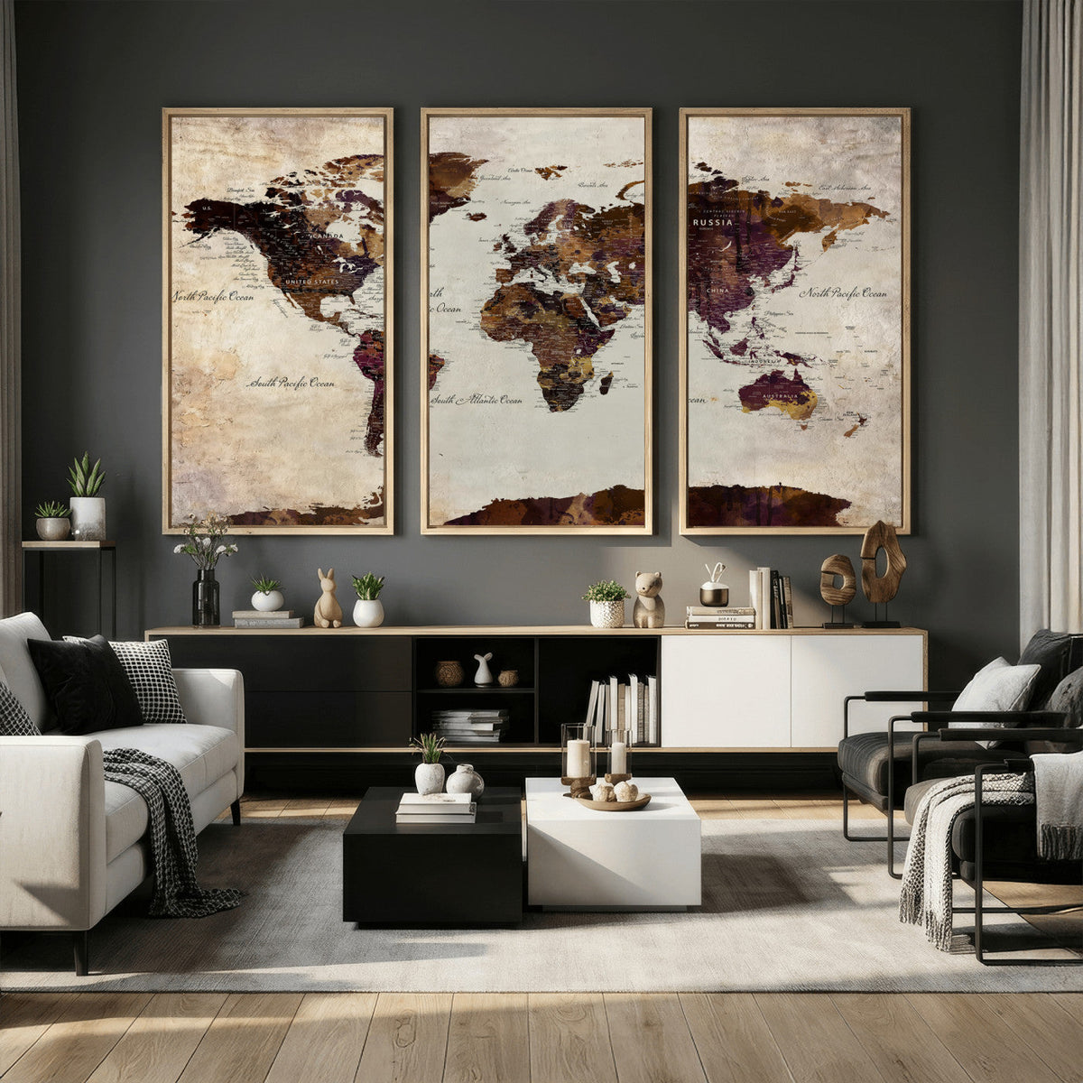 World Map Canvas Triptych – Colorful Global Wall Art for