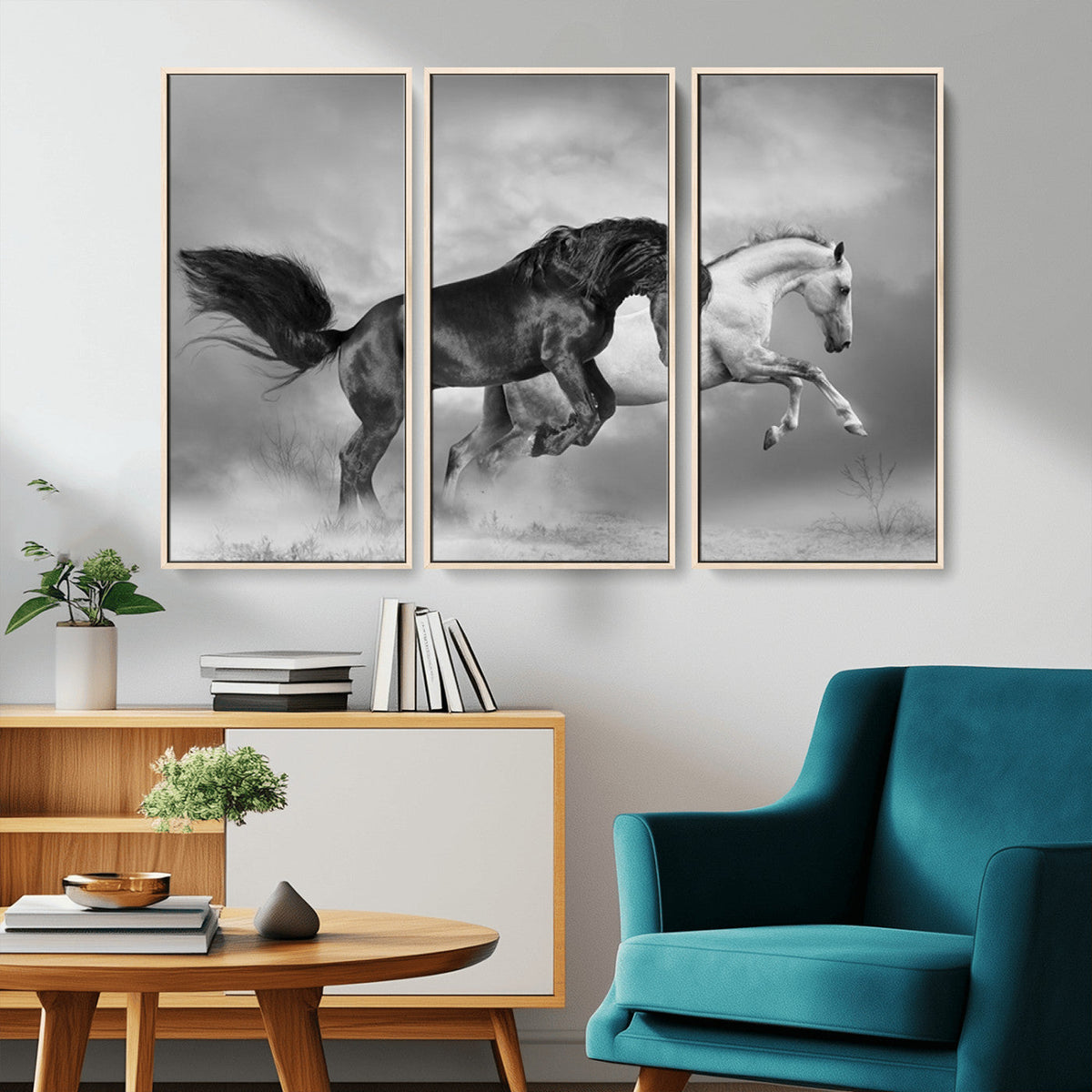Wild Horses Wall Art Canvas Print – Framed Black and White