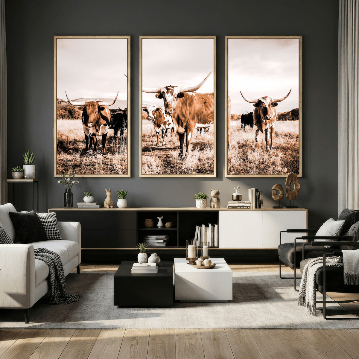Texas Longhorn Cattle Wall Art Canvas Print, Sepia Western