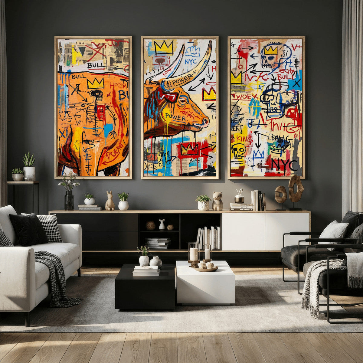 Basquiat Style Bull Graffiti Wall Art Canvas Print, Street