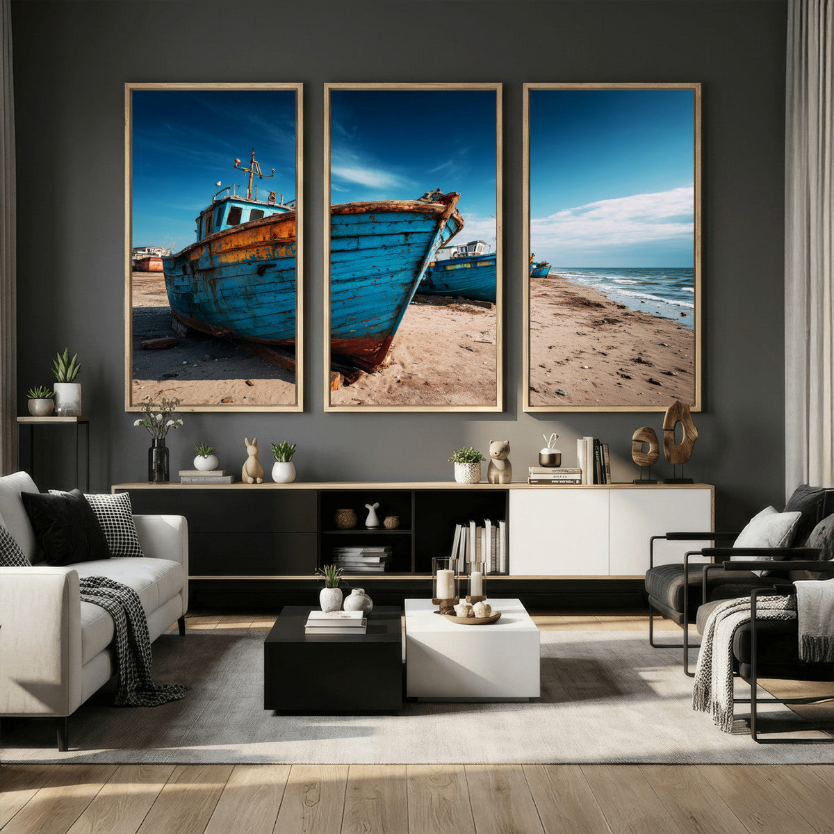 Coastal Fishing Boats Wall Art Canvas Print, Sunset Beach
