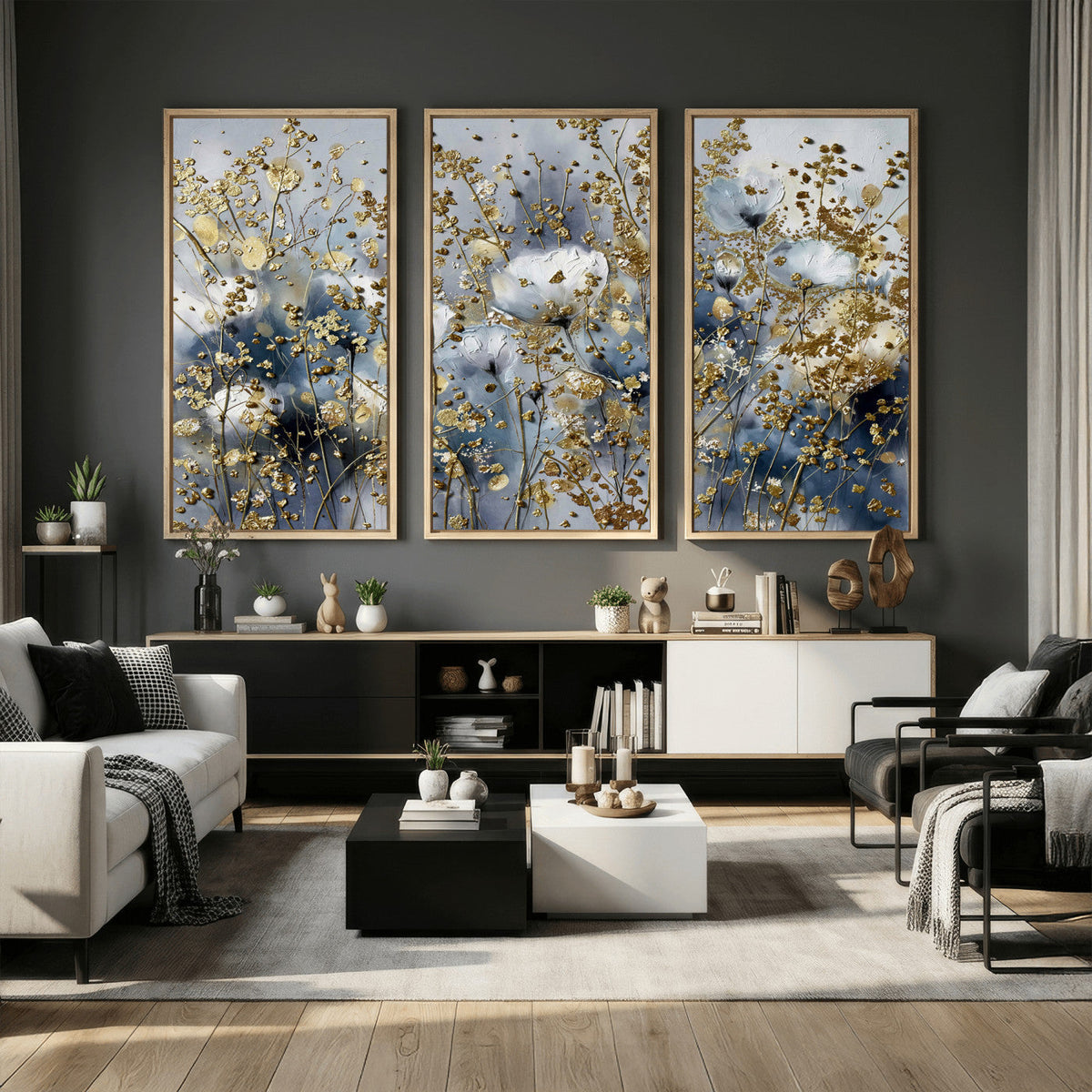 Abstract Floral Wall Art Canvas Print – Gold and Blue