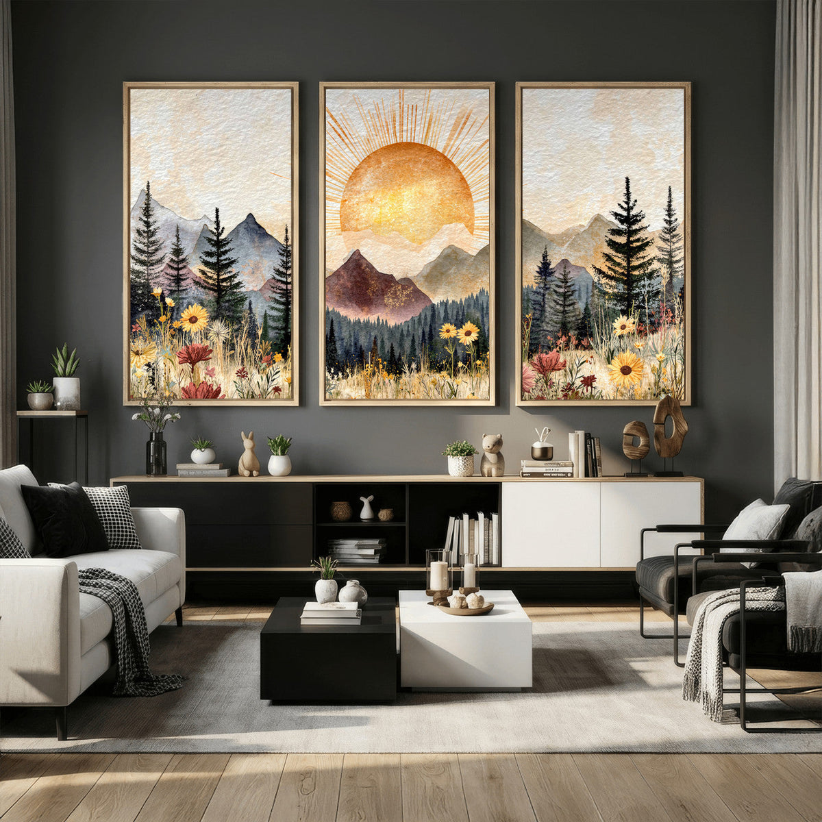 Boho Mountain Landscape Large Wall Art, Horizontal Gold