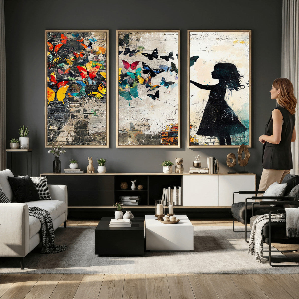 Banksy Butterfly Girl Wall Art Canvas Print, Framed Street