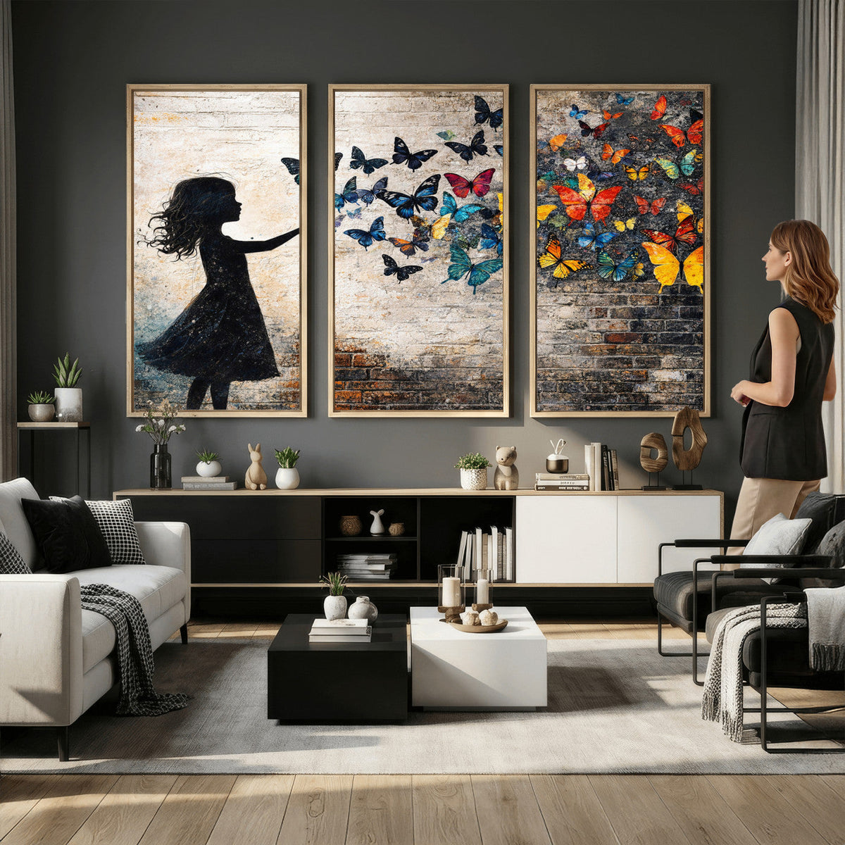 Banksy Butterfly Girl Wall Art Canvas Print, Framed Street