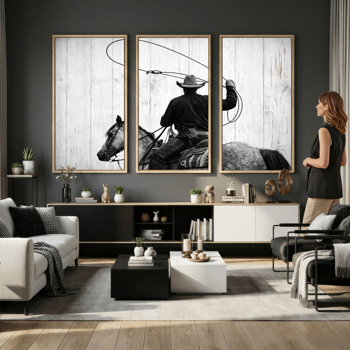 Cowboy Lasso Canvas Wall Art, Black White Western Horse