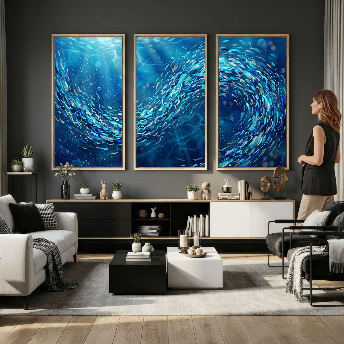 School of Fish Canvas Print | Blue Ocean Underwater Wall Art