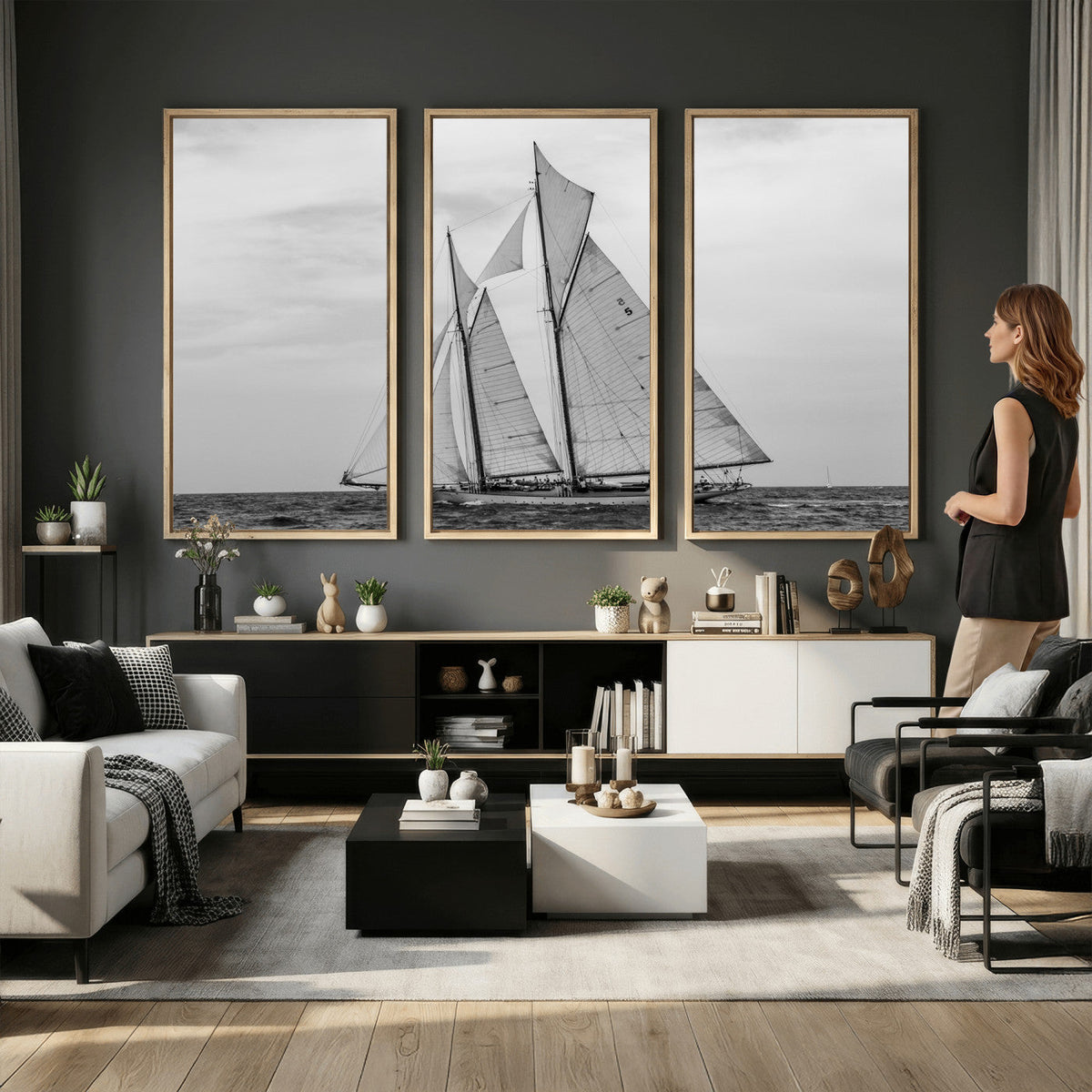 Vintage Sailboat Wall Art Canvas Print, Black and White