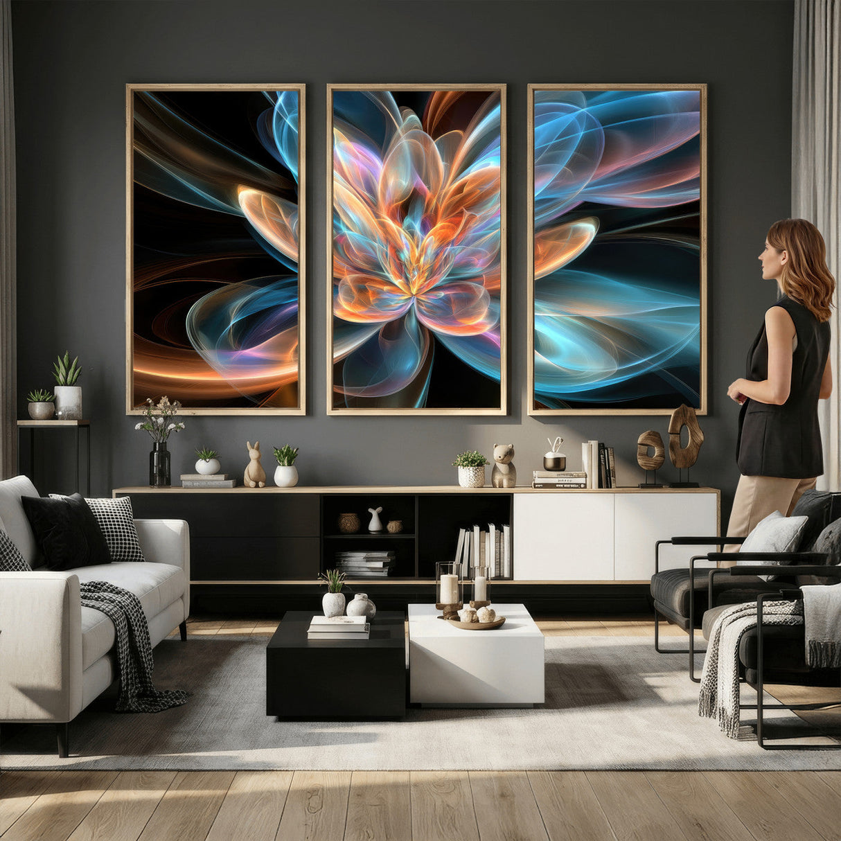 Fractal Lotus Canvas Wall Art, Blue Orange Glowing Flower Abstract Print, Modern Zen Meditation Room Decor, Ethereal Digital Art, Living Room