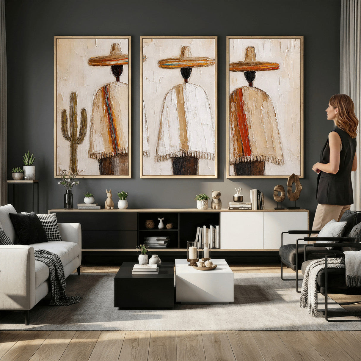 Mexican Wall Art Canvas Print, Southwestern Sombrero Poncho Painting, Neutral Earthy Boho Decor, Fiesta Living Room Art, Impasto Style Print