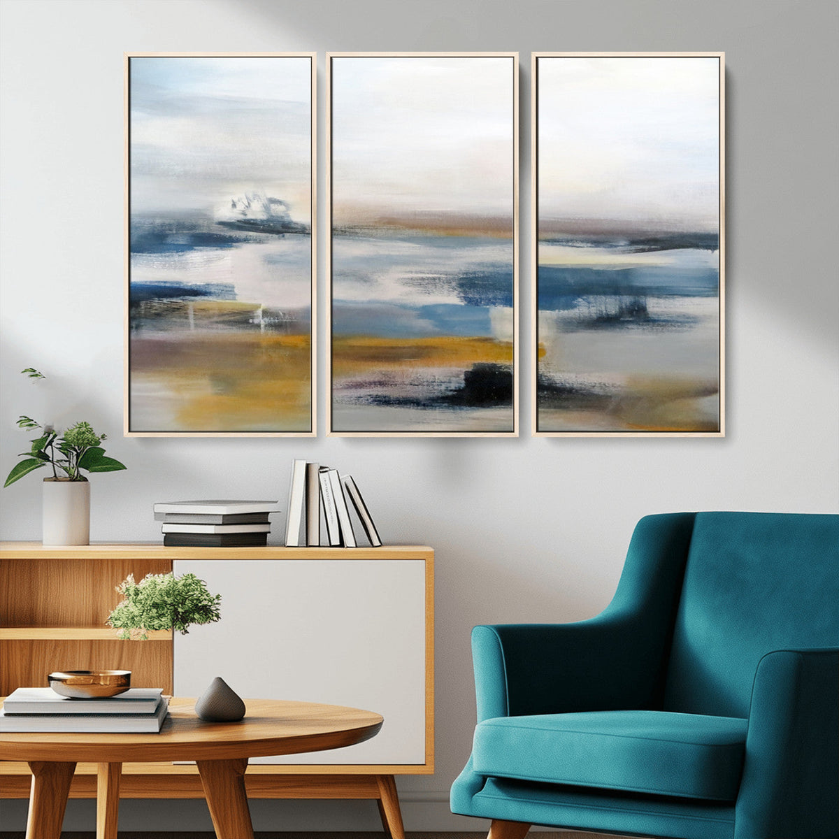 Abstract Landscape Wall Art Canvas | 3 Panel Modern Blue,
