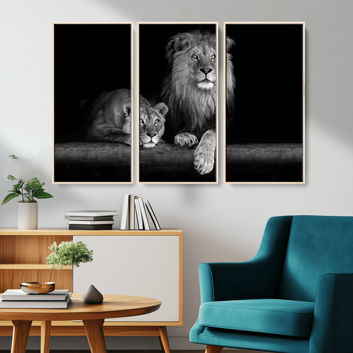 Large Black and White Lion Couple Wall Art Canvas Print –