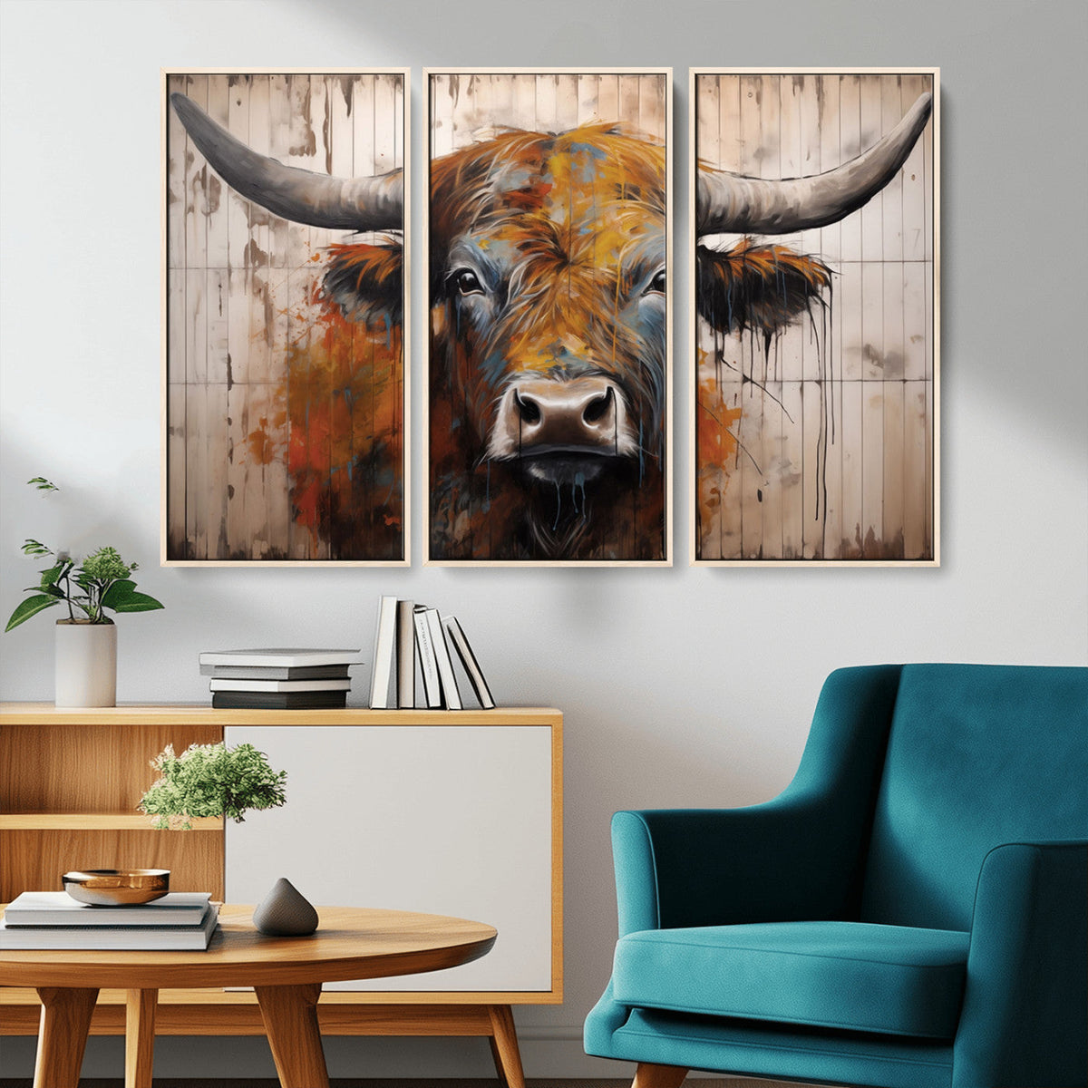 Abstract Bull Highland Cow Canvas Wall Art Print – Vibrant