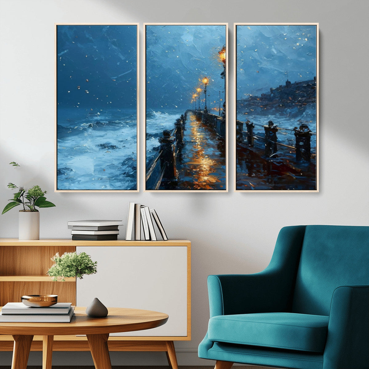 Stormy Night at Beach Pier Oil Painting Large Wall Art