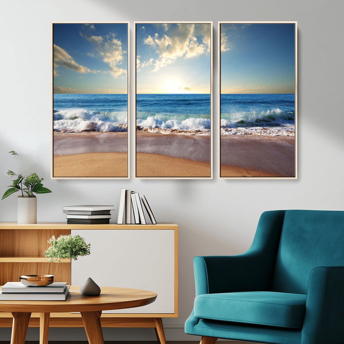 Serene Ocean Sunset Canvas Wall Art - Beach Waves at Sunset,