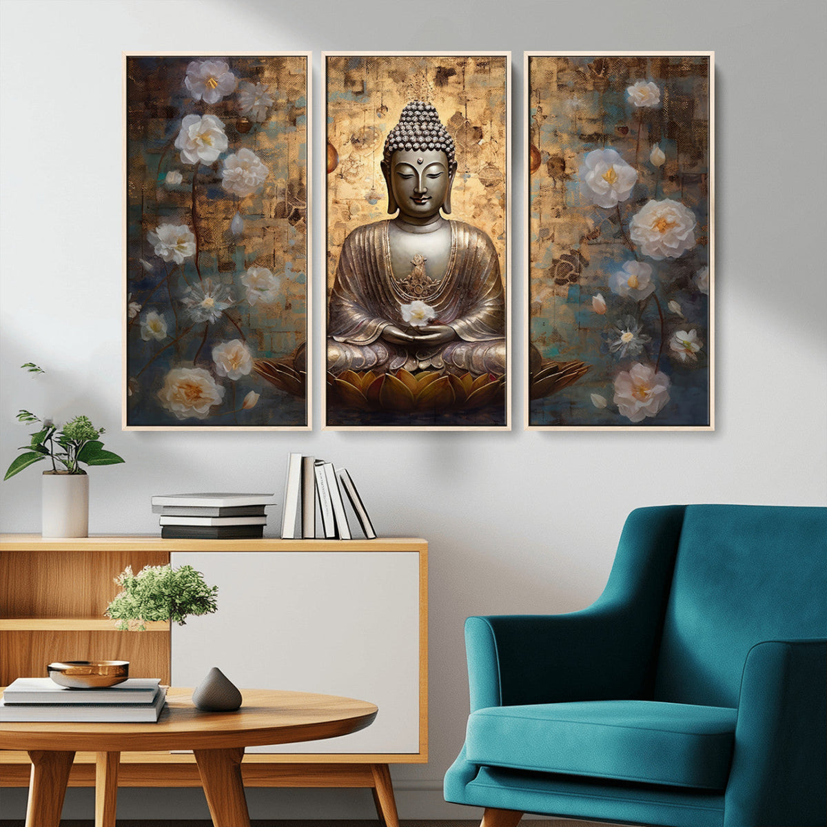 Golden Buddha Wall Art Canvas Print | Zen Meditation Floral