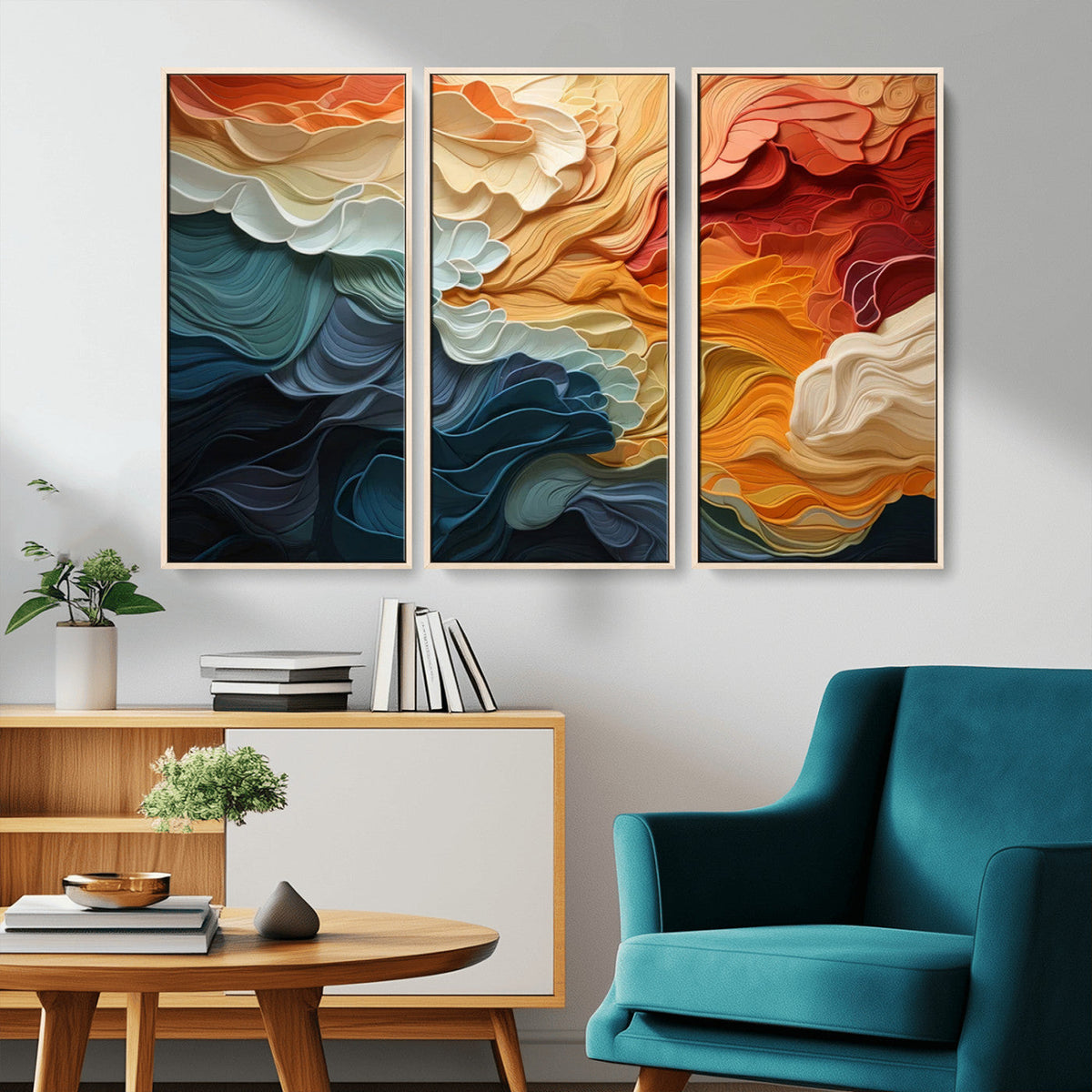 Blue Orange Abstract Wave Wall Art Canvas Print, Framed Blue