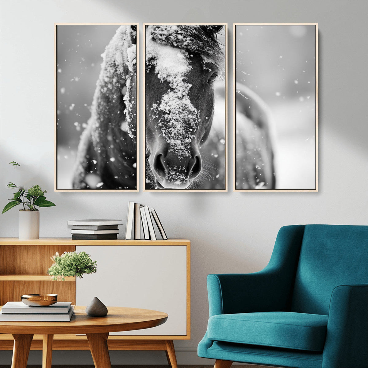 Black and White Horse Winter Wall Art | Ready to Hang and