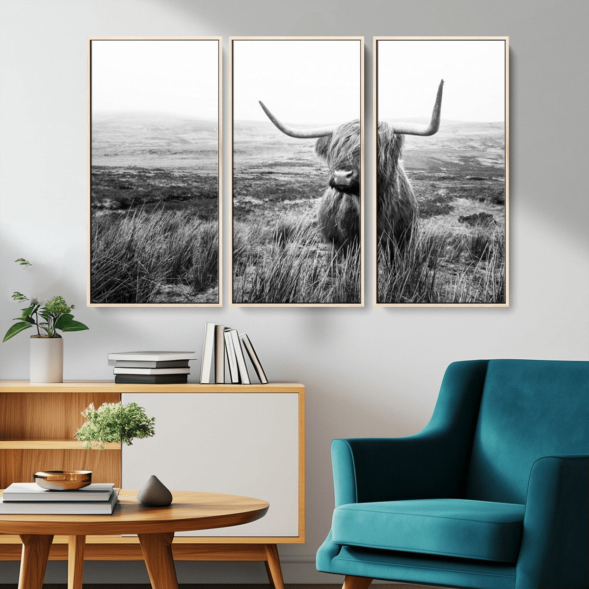 Scottish Highland Cow Wall Art | Black and White Canvas