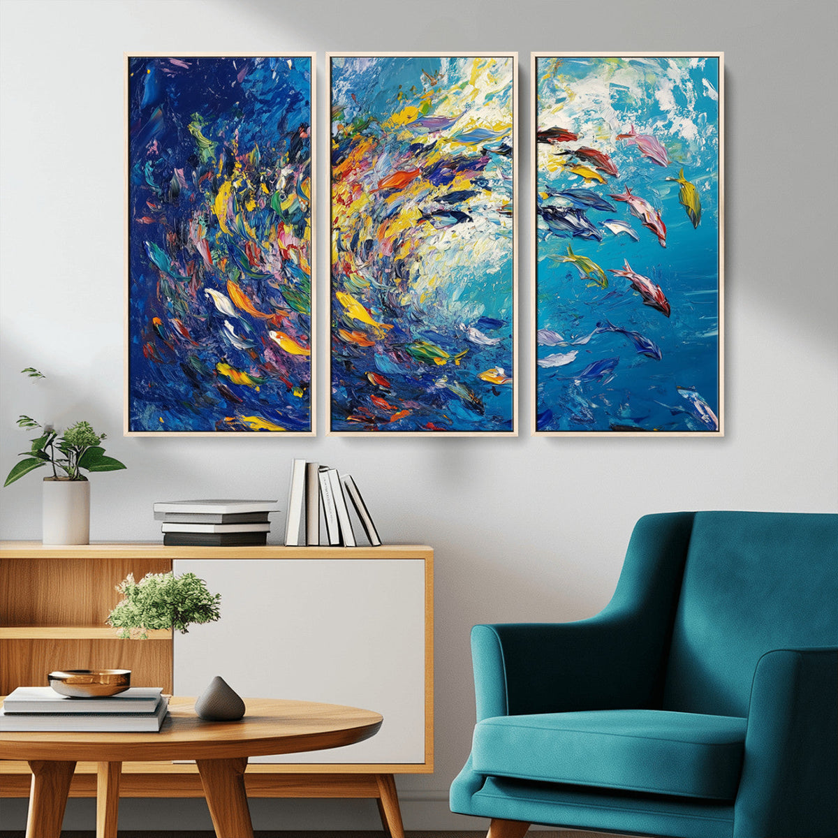 Colorful Swirling Fish School Wall Art Canvas Print |