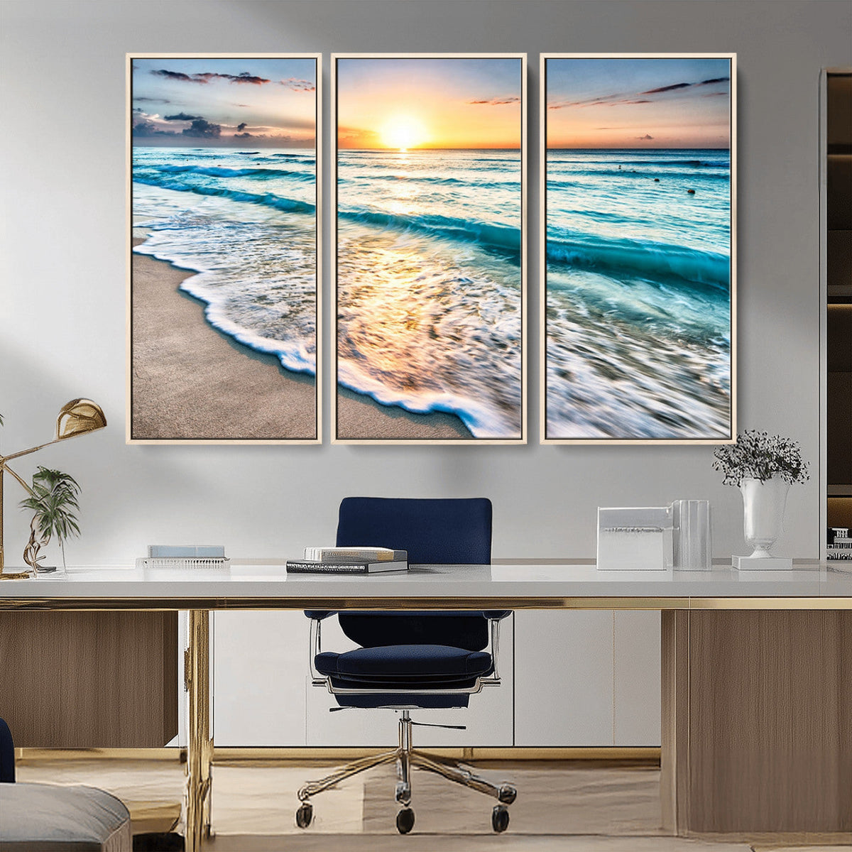 Sunset Beach Waves Canvas Wall Art – 5-Panel Ocean Sunset