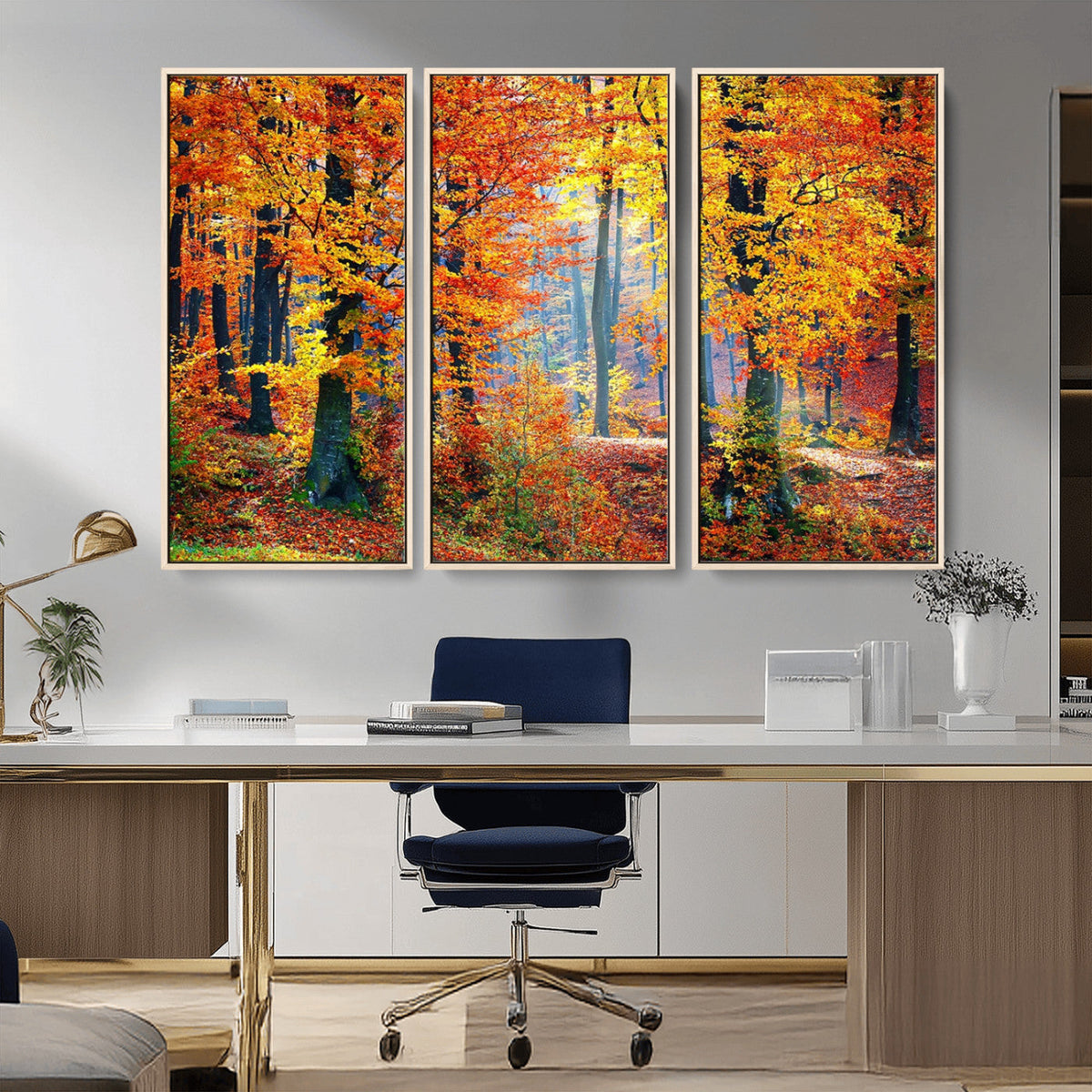 Autumn Red Forest Triptych Canvas Wall Art Print, Forest