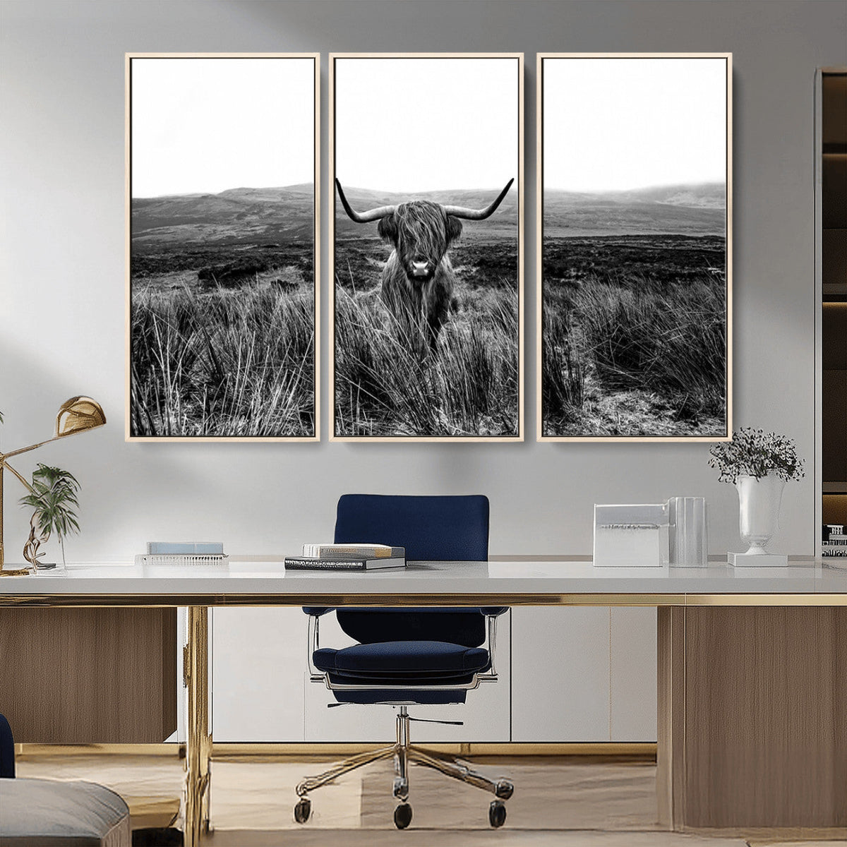 Black and White Highland Cow Canvas Wall Art, Longhorn