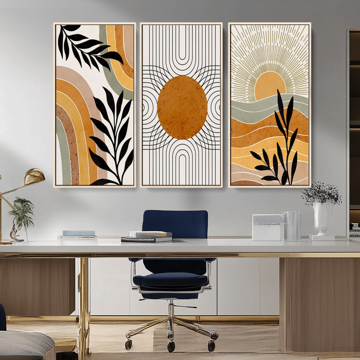 Modern Boho Sun and Leaf Abstract Art – 3-Panel Giclée
